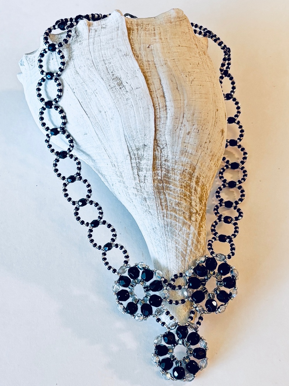 Vintage 1950’s Handmade Glass Bead Statement Necklace Black Silver Stretch